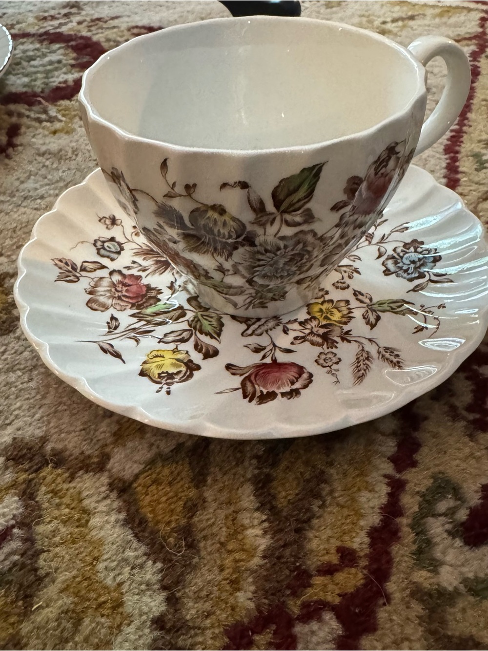 Floral Scalloped Edge cup and saucer  - White with Multi-Color Floral Pattern